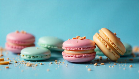 Pastel macarons on blue background in eye-level close-up shot