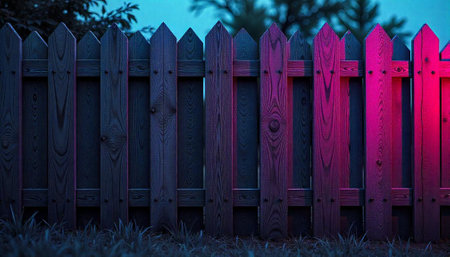 Nighttime wooden fence illuminated with purple and pink lightsの写真素材