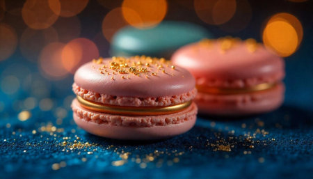 Elegant macarons with gold flakes on a blue surfaceの写真素材