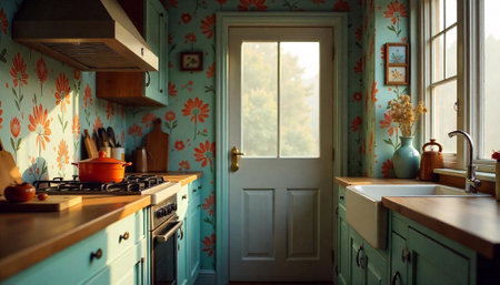 Cozy floral kitchen design with warm lighting and colors