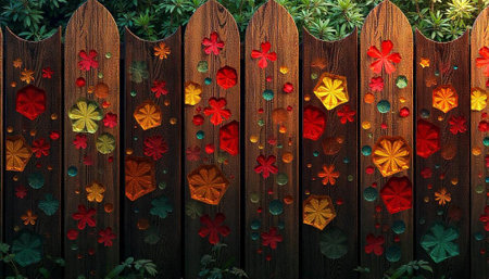Colorful flowers on wooden fence create a whimsical garden