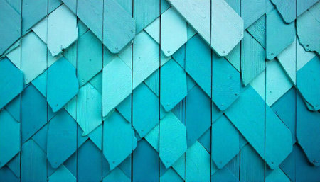Abstract staggered wooden shingle pattern in shades of turquoise
