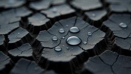 Abstract close-up of cracked surface with water dropletsの写真素材