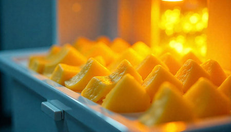 Close-up of fresh mango slices arranged on a trayの写真素材
