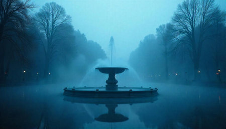 Mysterious blue fountain in park during misty weatherの写真素材