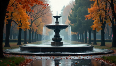 Autumnal fountain scene with trees and reflective pathwayの写真素材