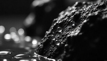 Monochromatic rock surface adorned with water droplets in reflectionの写真素材