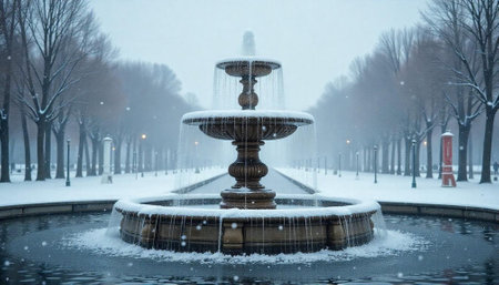 Serene three-tiered fountain in a snowy urban park settingの写真素材