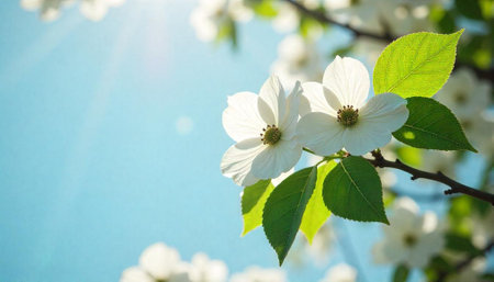 Dogwood blooms with blue sky background during springtime seasonの写真素材