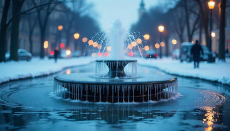 Frozen fountain in snowy city park during winter nightの写真素材