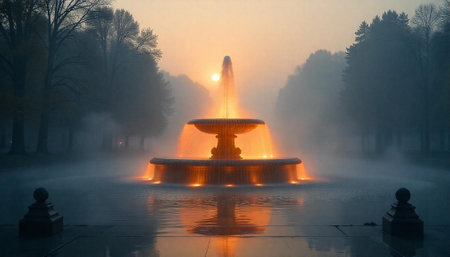 Foggy sunrise illuminates a tiered fountain in formal parkの写真素材