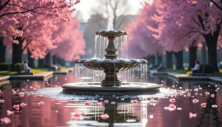 Fountain surrounded by blooming cherry trees in serene park