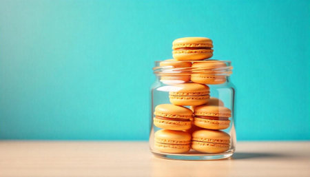 Stack of yellow macarons in a clear glass jarの写真素材