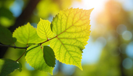 Sunlit green leaves of a tree in spring