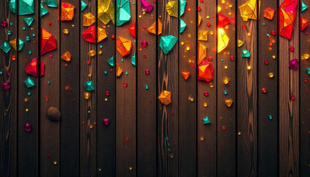 Colorful gemstones scattered on a rustic wooden surface backdropの写真素材