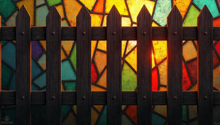 Rustic wooden fence in front of stained glass windowの写真素材