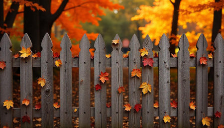 Rustic fence adorned with colorful autumn leaves in fallの写真素材