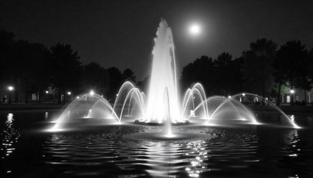Illuminated fountain water display with moonlight on black nightの写真素材