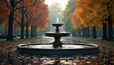 Autumnal fountain scene reflecting trees in a peaceful parkの写真素材