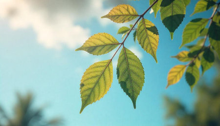 Sunlit tree leaves against a bright, clear blue sky