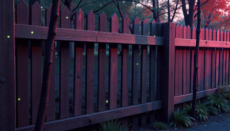 Wooden fence with fireflies at twilight in a gardenの写真素材