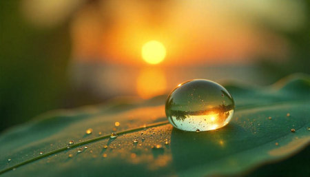 Sunrise reflected in water drop on a green leafの写真素材