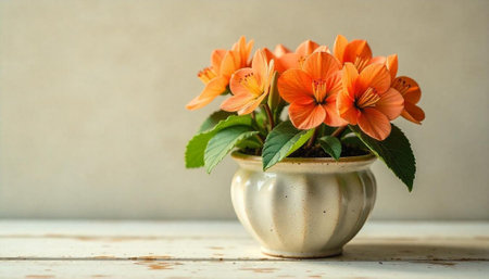 Orange flowers in ceramic pot on white wooden tableの写真素材
