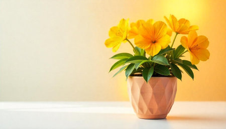 Yellow flowers in terracotta pot on neutral backgroundの写真素材