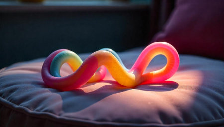 Colorful infinity fidget toy rests on a pink cushion
