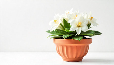 Potted white flowering plant on a white tabletop surfaceの写真素材