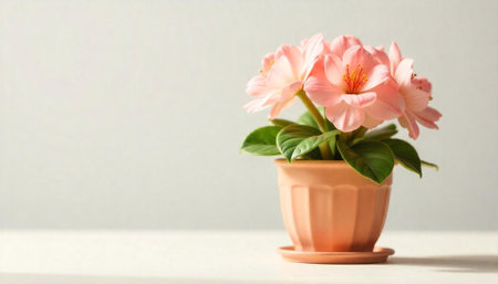 Charming potted peach blossoms enhance a serene neutral backdropの写真素材