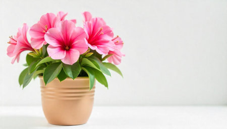 Pink azalea flowers in a brown pot against whiteの写真素材