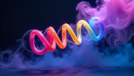 Abstract colorful glowing spiral against smoke filled backgroundの写真素材