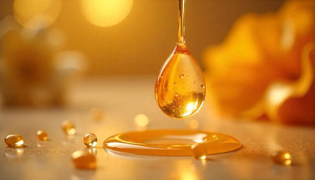 Golden droplet of honey about to impact flat surfaceの写真素材