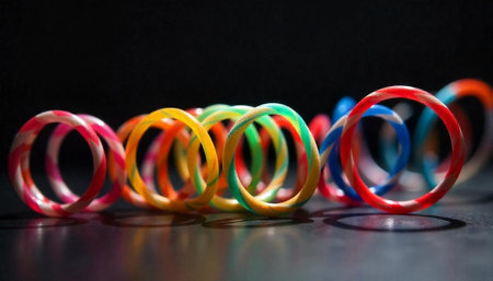 Colorful striped rubber bands on dark surface with reflectionsの写真素材