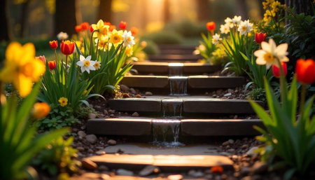 Stone steps with flowers and sunlight in a gardenの写真素材