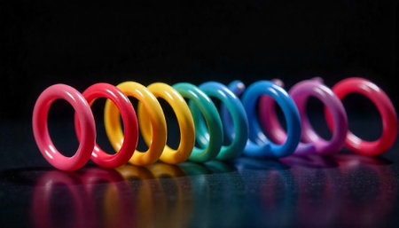 Row of colorful plastic toy rings on black backgroundの写真素材