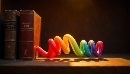 Rainbow spring near vintage books in cozy lightの写真素材