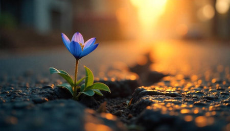 Single blue crocus growing through cracked asphalt at sunriseの写真素材
