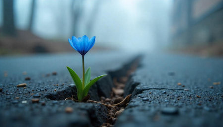 Blue flower growing through cracked asphalt on foggy backgroundの写真素材