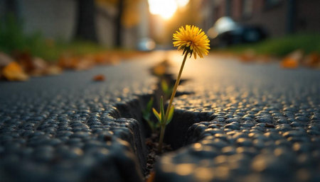 Dandelion flower growing in cracked pavement reaching for sunlightの写真素材