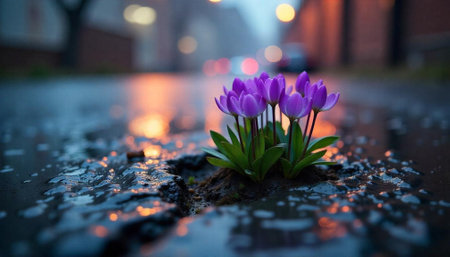 Purple flowers blossoming amidst urban decay symbolizing resilience metaphorの写真素材