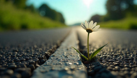 Lone daisy growing through asphalt crack on sunny roadの写真素材