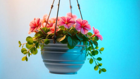 Hanging flower pot with pink blossoms against blue backdropの写真素材