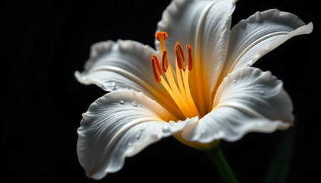 Elegant white lily flower with water droplets on petalsの写真素材