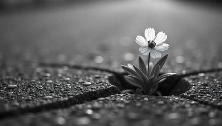 Resilient Flower Growing Through Crack in Concrete Pavementの写真素材