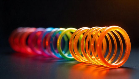 Colorful spring coil line against dark background showing perspectiveの写真素材