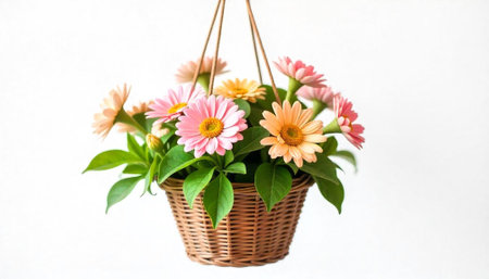 Gerbera daisies in a hanging basket on white backgroundの写真素材