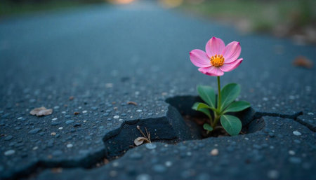 Pink flower growing in crack on asphalt roadの写真素材