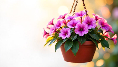Hanging petunia basket overflowing with vibrant flowers and greeneryの写真素材